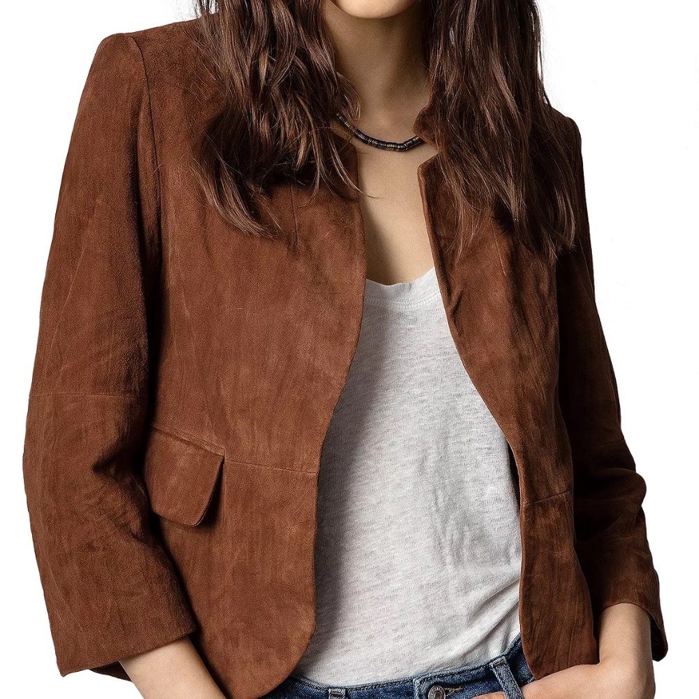 NWT🔖 $798 ZADIG&VOLTAIRE Cognac Cropped Crinkle 100% Suede Jacket